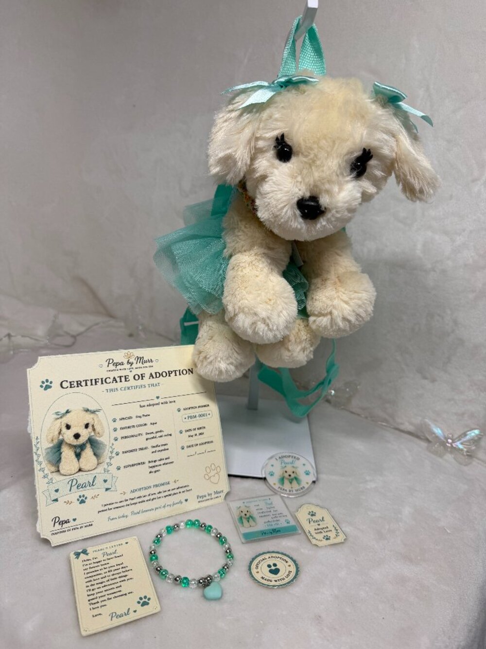 Pearl – Preloved Puppy Purse with Full Adoption Kit (Handmade Kawaii Set)